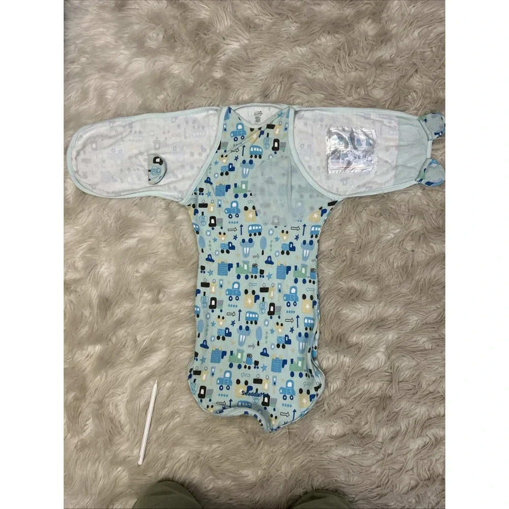 Swaddle Me Summer Blue Boys Trucks Cars Train Baby Snuggle Sleep Sack Size Small